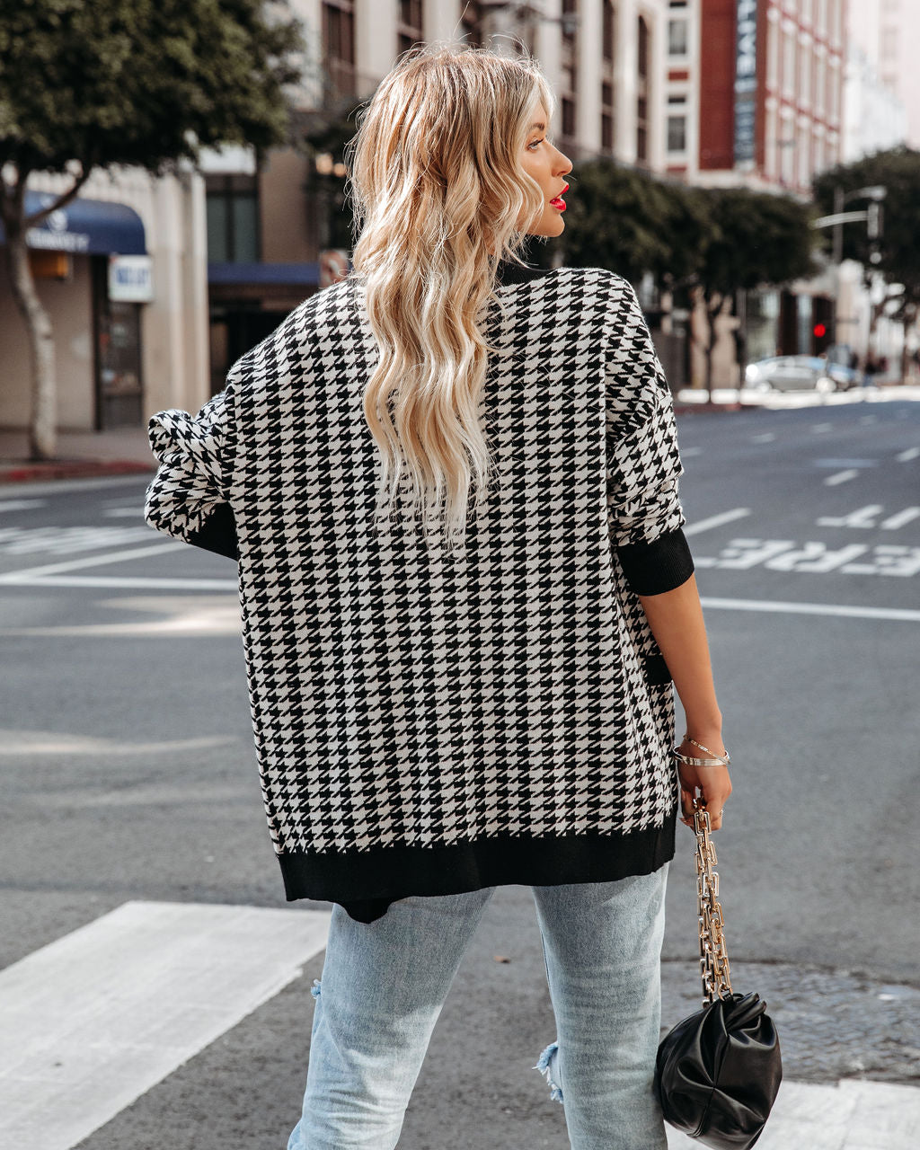 Vino Button Front Knit Houndstooth Cardigan Ins Street