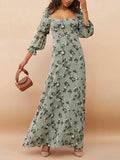 Vintage Ditsy-floral Square Collar Maxi Dress Ins Street
