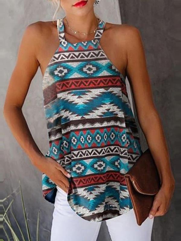 Vintage Print Halterneck Sleeveless Vest Ins Street