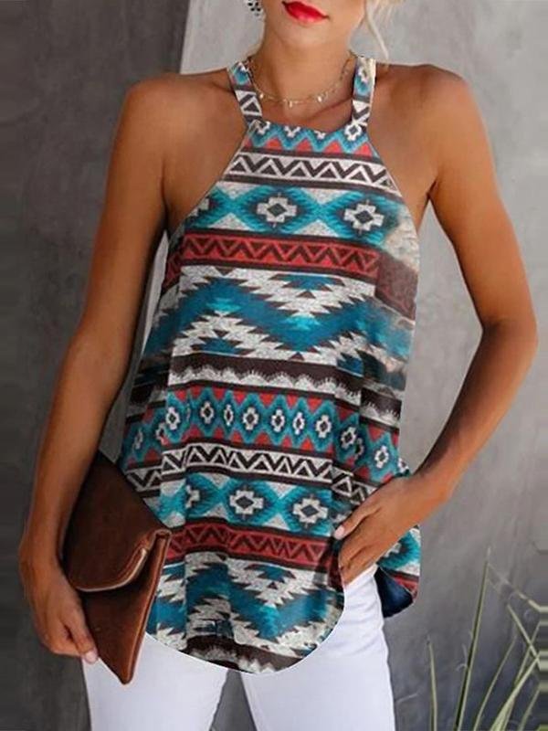 Vintage Print Halterneck Sleeveless Vest Ins Street
