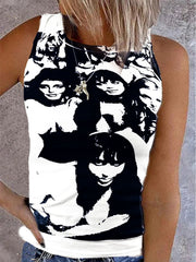 Vintage Print Sleeveless Casual Tank Tops Ins Street