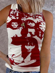 Vintage Print Sleeveless Casual Tank Tops Ins Street