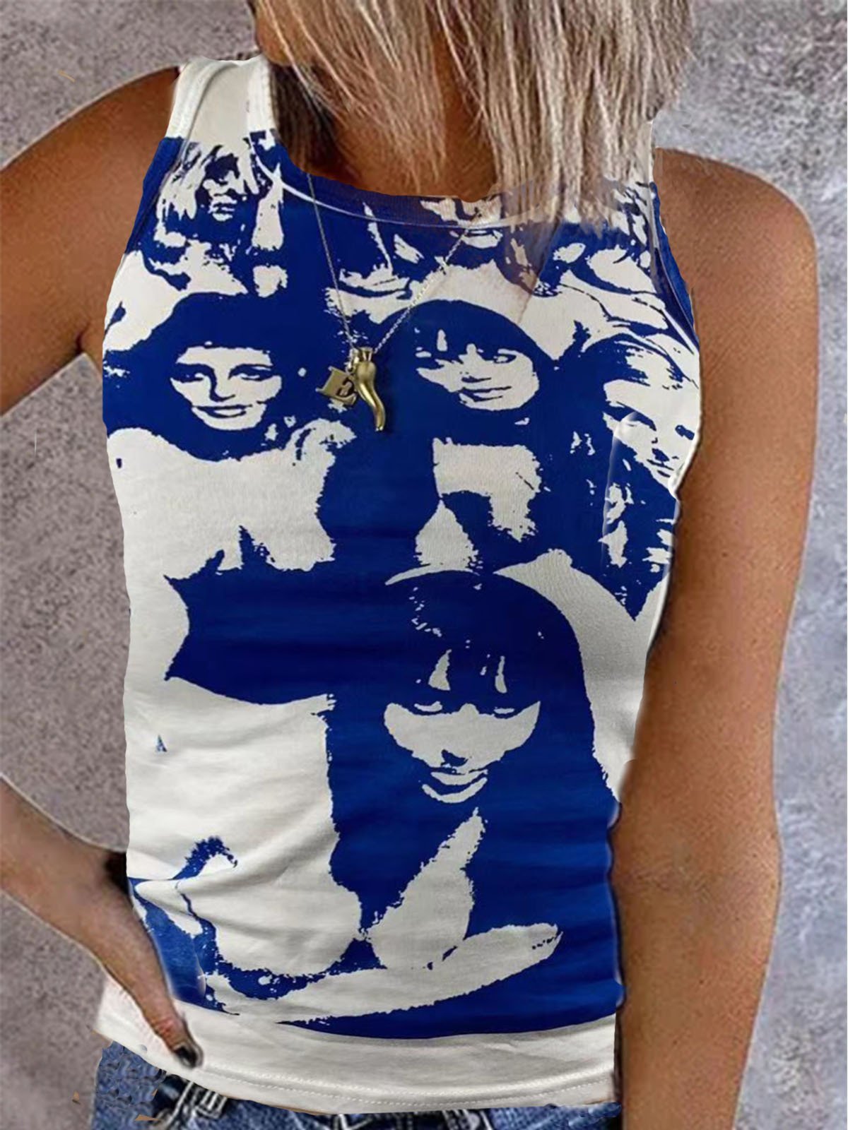 Vintage Print Sleeveless Casual Tank Tops Ins Street