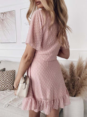 Waist V-neck Short Sleeve Solid Color Dress Ins Street