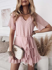 Waist V-neck Short Sleeve Solid Color Dress Ins Street