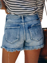 Washed Hot Pants With Micro Fringed Holes Ripped Denim Shorts Ins Street