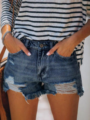 Washed Hot Pants With Micro Fringed Holes Ripped Denim Shorts Ins Street