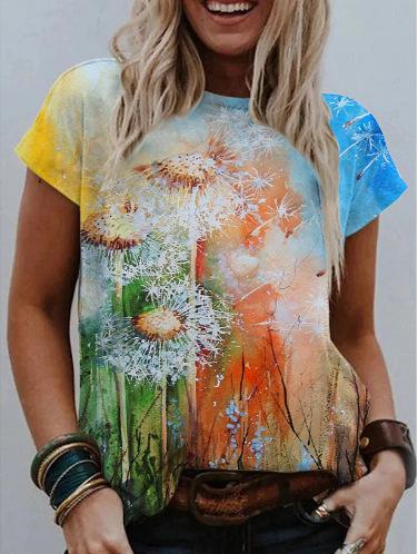 Watercolor Floral Print Round Neck Short Sleeve T-Shirt Ins Street