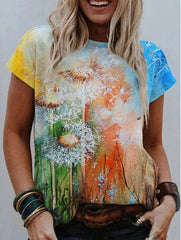 Watercolor Floral Print Round Neck Short Sleeve T-Shirt Ins Street