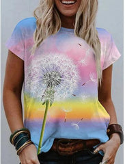 Watercolor Floral Print Round Neck Short Sleeve T-Shirt Ins Street