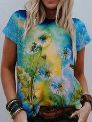 Watercolor Floral Print Round Neck Short Sleeve T-Shirt Ins Street