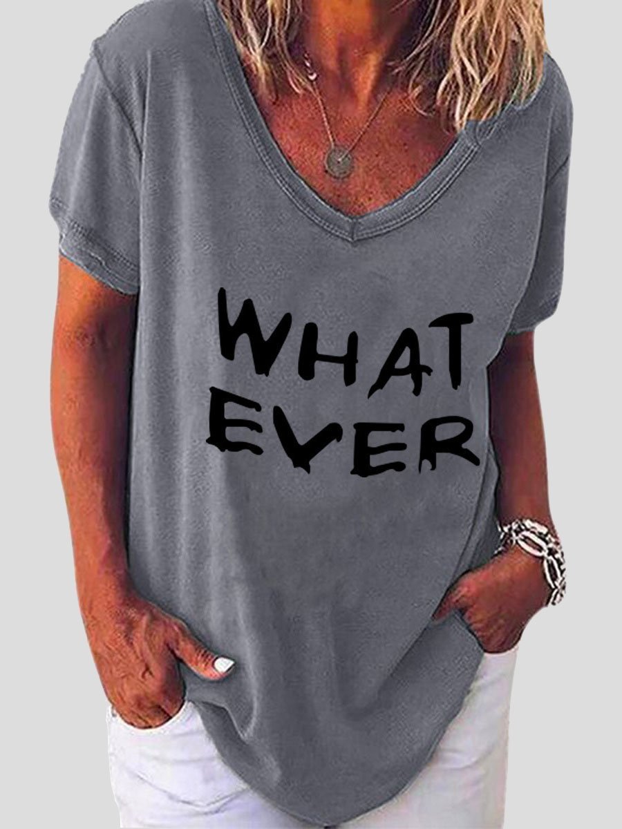 Whatever Letter Print Short Sleeve V-neck T-shirt Ins Street