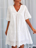 White Lace Hollow V-neck Short-sleeved Dress Ins Street
