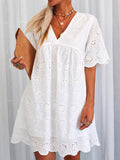 White Lace Hollow V-neck Short-sleeved Dress Ins Street