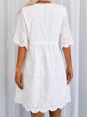 White Lace Hollow V-neck Short-sleeved Dress Ins Street