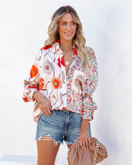 Wilhelmina Satin Mix Print Button Down Blouse Ins Street