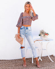 Wili Floral Puff Sleeve Bustier Crop Top Ins Street