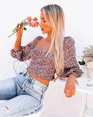 Wili Floral Puff Sleeve Bustier Crop Top Ins Street