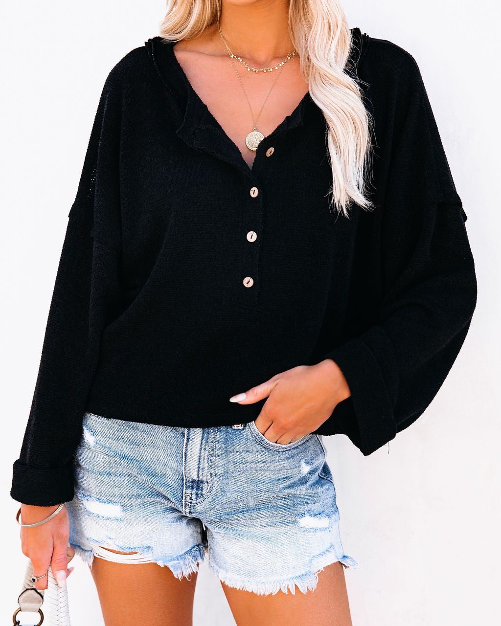 Windswept Relaxed Knit Henley Top - Black Ins Street