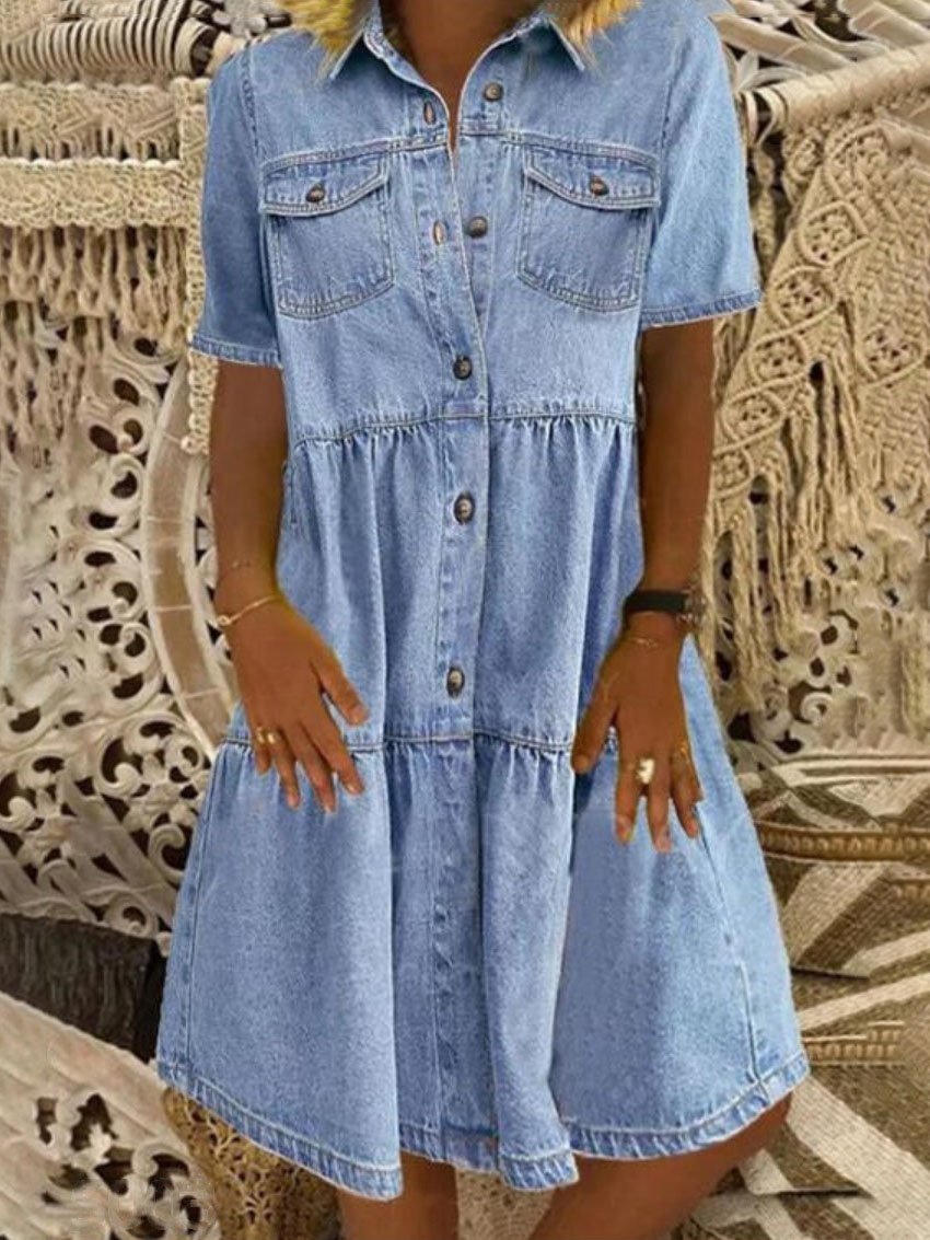 Women Button Down Loose Short Sleeve Denim Jean Dress Ins Street