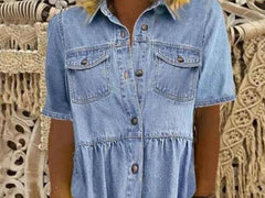 Women Button Down Loose Short Sleeve Denim Jean Dress Ins Street