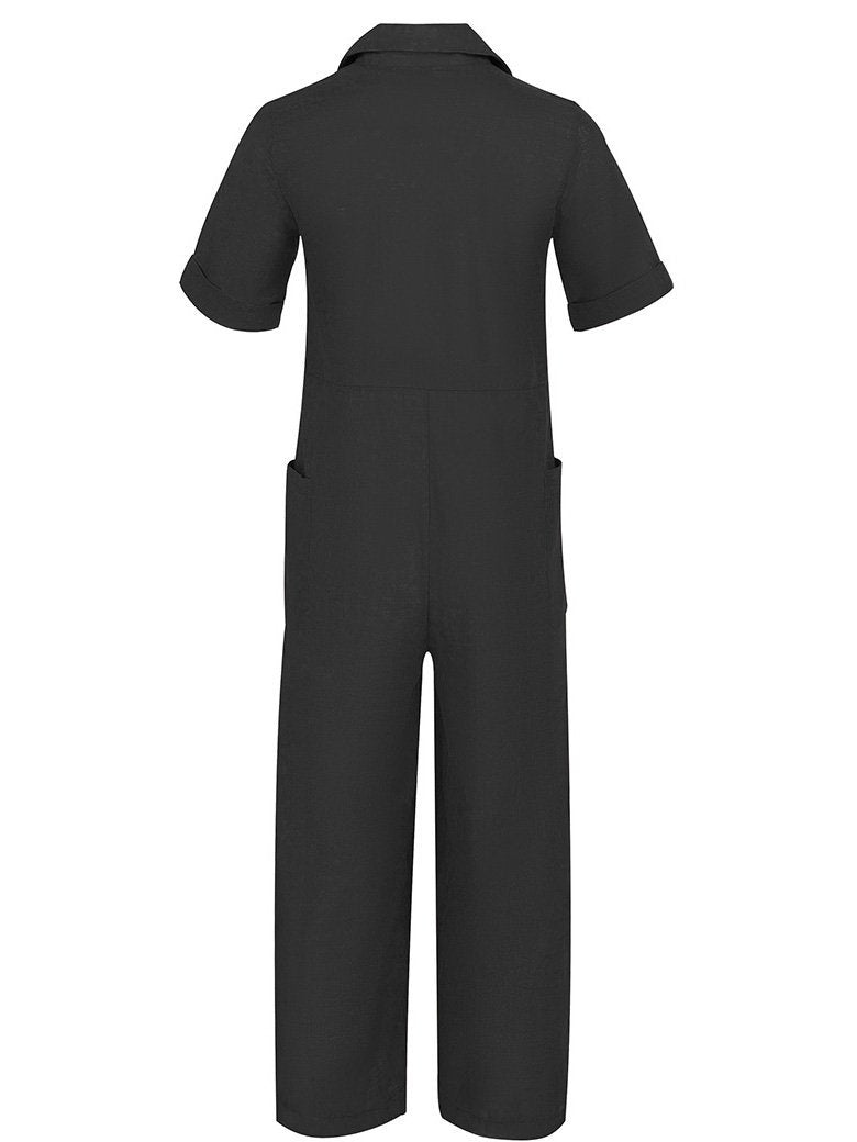 Solid Color Short Sleeve Button Up Jumpsuit Ins Street