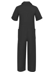 Solid Color Short Sleeve Button Up Jumpsuit Ins Street