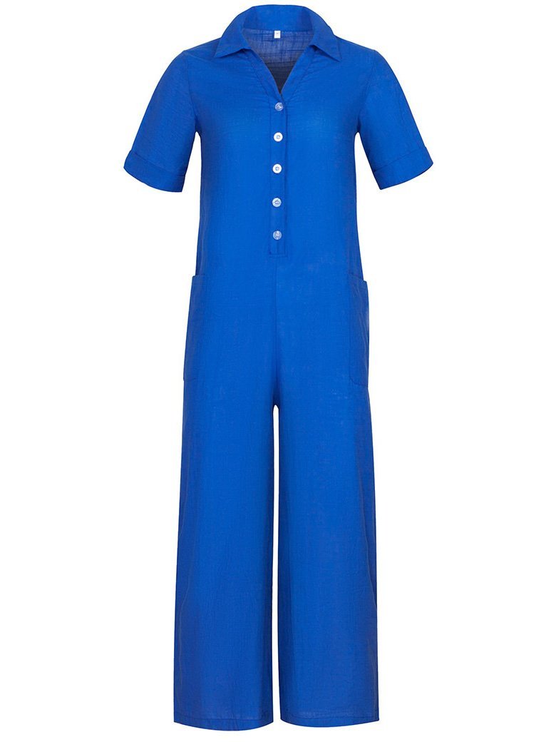 Solid Color Short Sleeve Button Up Jumpsuit Ins Street