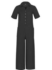 Solid Color Short Sleeve Button Up Jumpsuit Ins Street