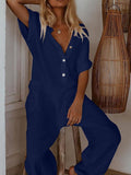 Solid Color Short Sleeve Button Up Jumpsuit Ins Street