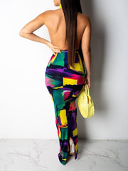 Women ColorBlock Halter Bandage Crop Top & Maxi Dress Sets Ins Street