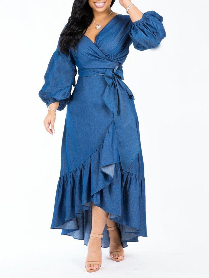 Women Denim V Neck Puff Long Sleeve Ruffle Trim Hem Dress Ins Street