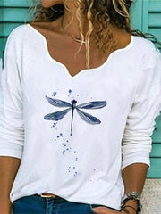 Women Dragonfly Printed V Neck Long Sleeve T-shirts Ins Street