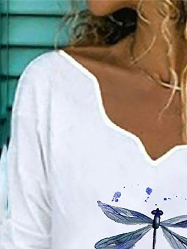 Women Dragonfly Printed V Neck Long Sleeve T-shirts Ins Street