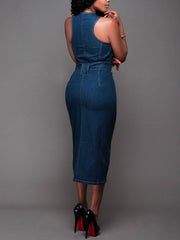 Women Elegant  Sleeveless Denim Jean Dress with Zipper Belt Ins Street