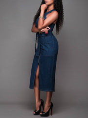 Women Elegant  Sleeveless Denim Jean Dress with Zipper Belt Ins Street