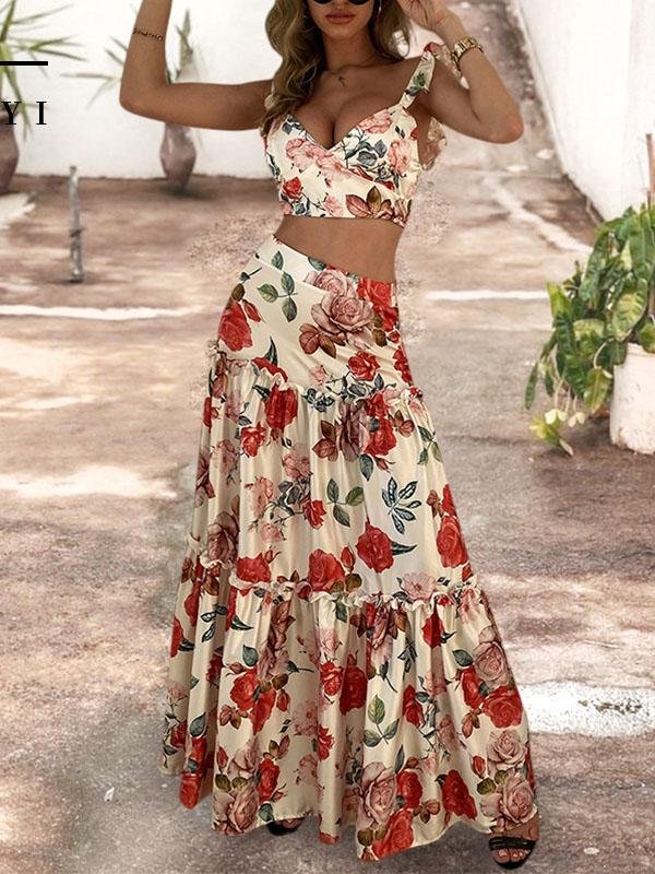 Women Floral Print Sleeveless Crop Top & Floor Length Maxi Skirt Set Ins Street