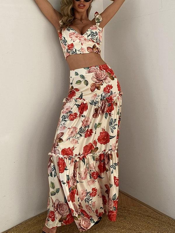 Women Floral Print Sleeveless Crop Top & Floor Length Maxi Skirt Set Ins Street