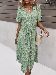 Women Floral Print V Neck Drawstring Belt Midi Dress Ins Street