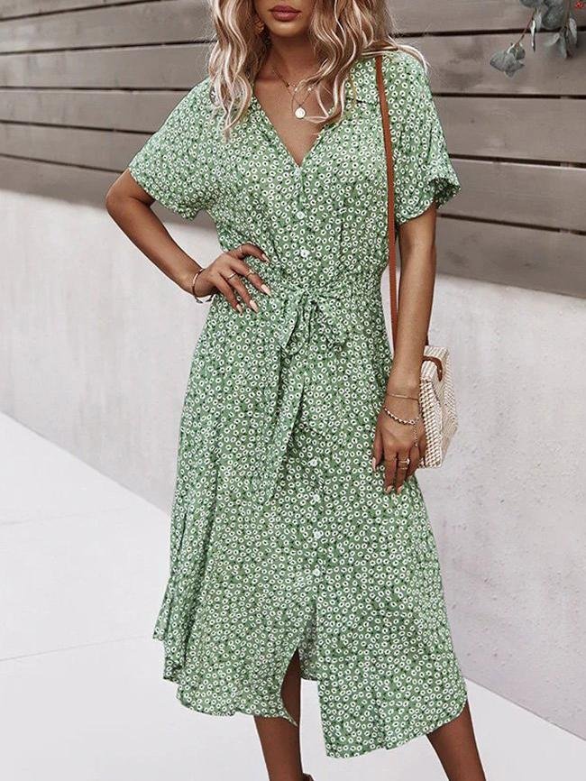 Women Floral Print V Neck Drawstring Belt Midi Dress Ins Street