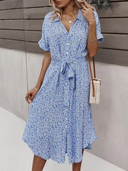 Women Floral Print V Neck Drawstring Belt Midi Dress Ins Street