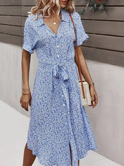 Women Floral Print V Neck Drawstring Belt Midi Dress Ins Street