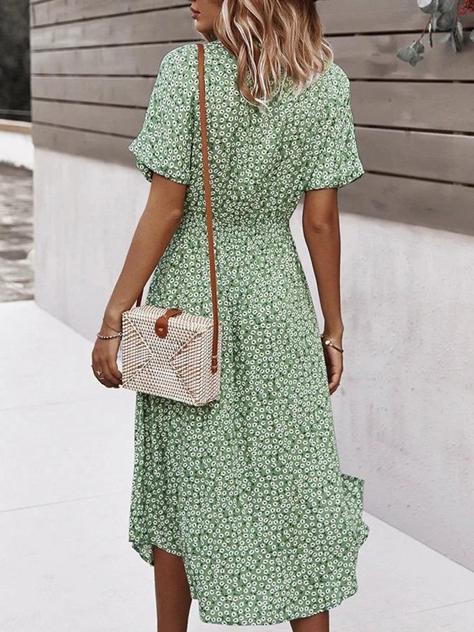 Women Floral Print V Neck Drawstring Belt Midi Dress Ins Street