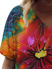 Women Flower Printed V Neck Short Sleeve T-shirts Ins Street