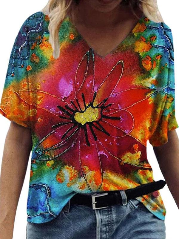 Women Flower Printed V Neck Short Sleeve T-shirts Ins Street