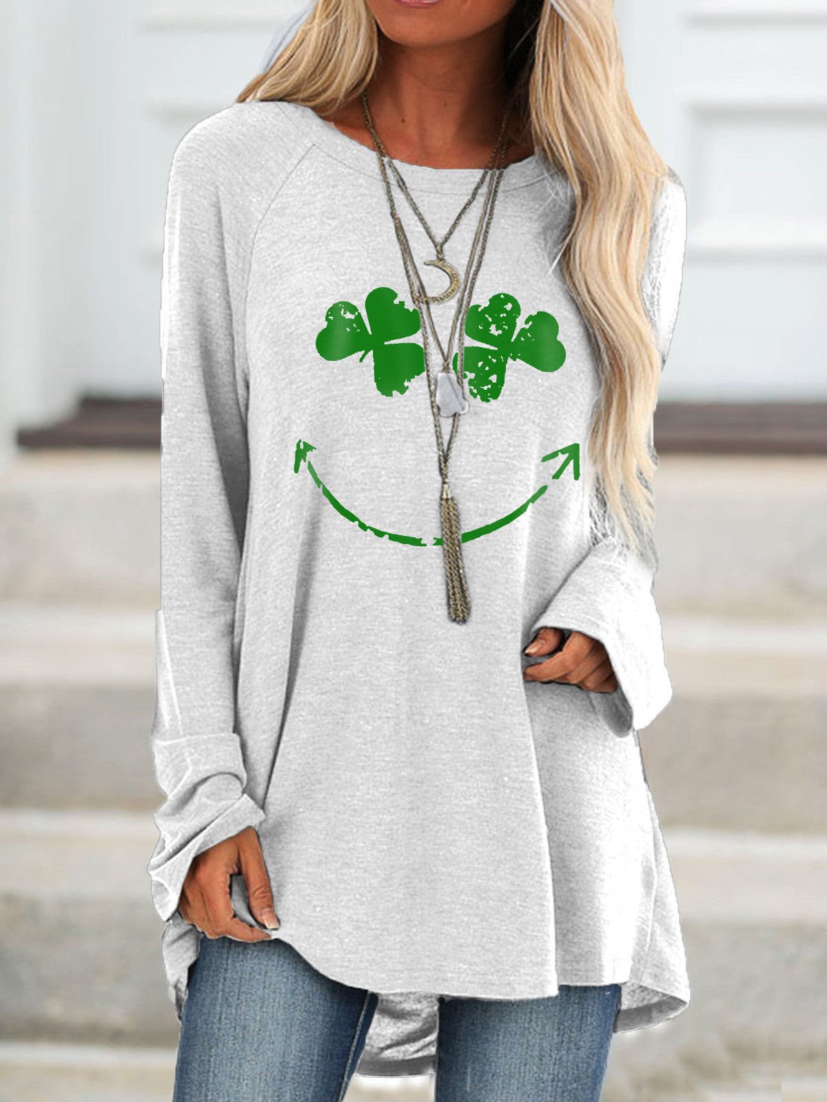 Women Four Leaf Clover Print Long Sleeve Blouses Ins Street