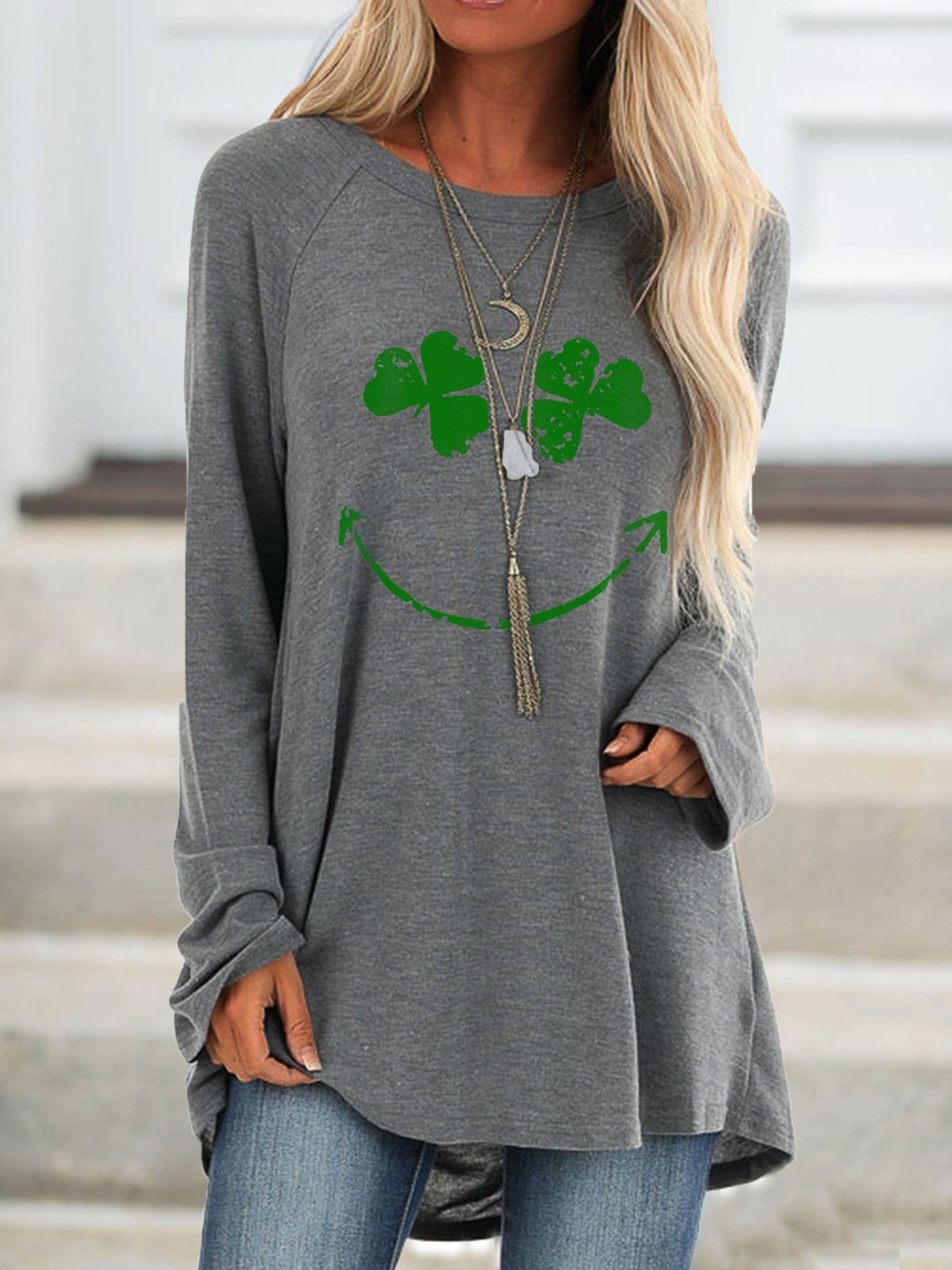 Women Four Leaf Clover Print Long Sleeve Blouses Ins Street