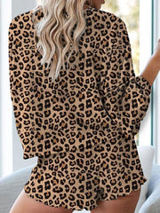 Women Night Wear Leopard Print Long Sleeve Top & Shorts Set Ins Street