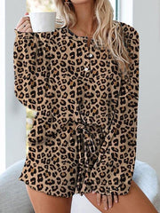 Women Night Wear Leopard Print Long Sleeve Top & Shorts Set Ins Street