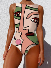 Women One Piece Graffiti Abstract Print Patchwork High Neck Sleeveless Slimming Swimsuit Ins Street